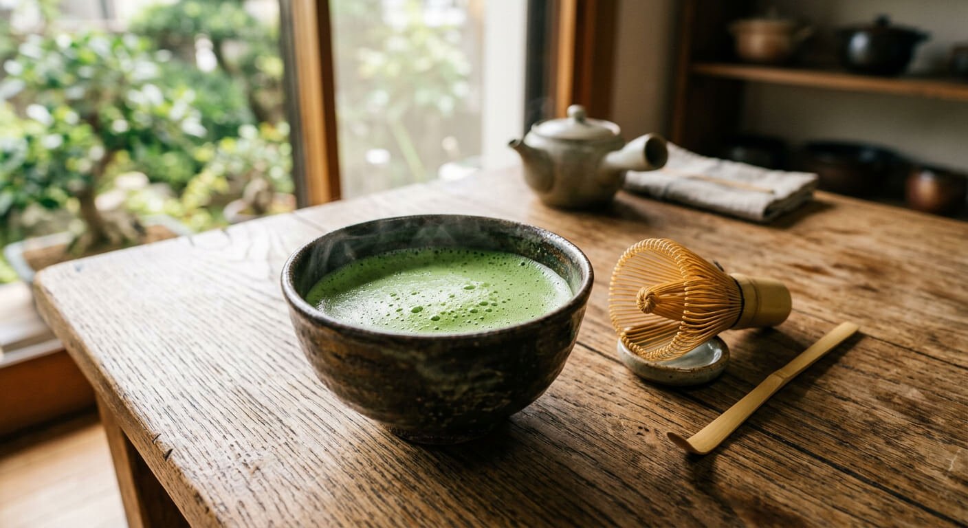 Bol de matcha japonais traditionnel avec chasen